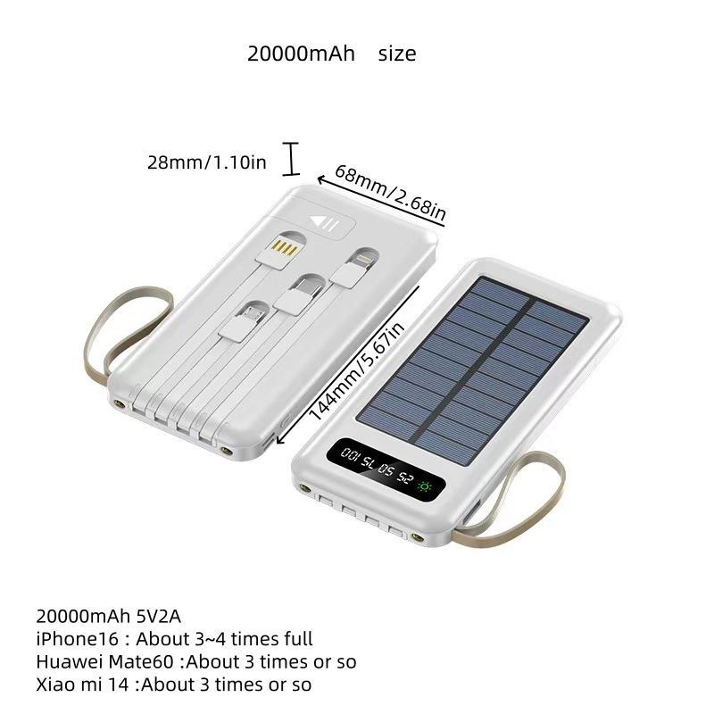 Solar Powered 10000mAh 20000mAh Power Bank, 1 Count Portable Solar Charger with 4 Output Cable, Large Capacity Power Bank for iPhone & Samsung Galaxy