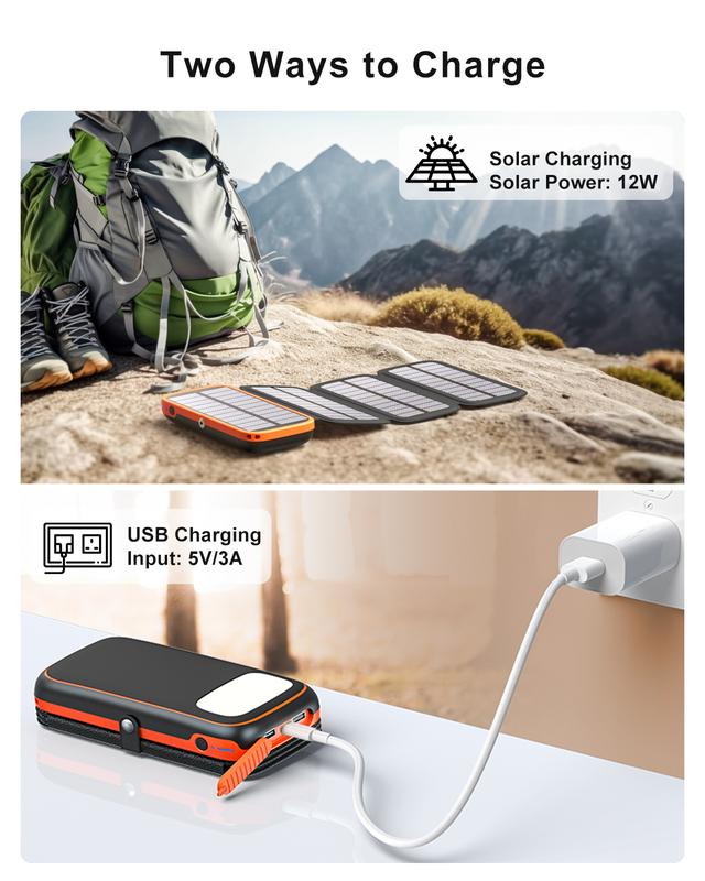 Solar Charger 27000mAh Power Bank with 4 Solar Panels and 3 USB Outputs, 3A Fast Charging Portable Charger USB C External Battery Pack, Compatible with Smartphones and Tablets