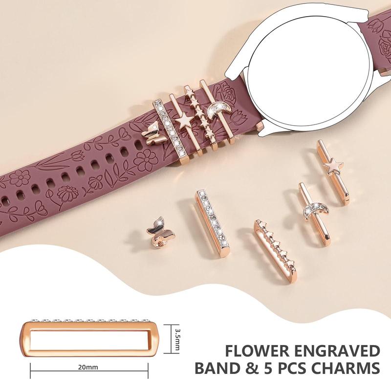 Flower Engraved Band Compatible with Galaxy Watch 7 Band FE 6 5 4 40mm 44mm, Galaxy Active 2, 20mm Watch Band, Replacement Watch Band with Decorative Charms