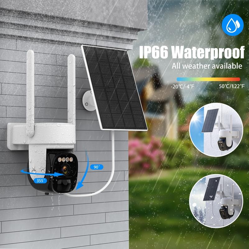 360° CCTV Camera Low Power Solar Panel Cam 2K FHD WiFi IP Security Cam-IP66 Waterproof IR Night Vision Flash Light