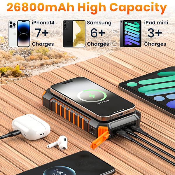 Solar Power Bank 26800mAh, Wireless Portable Charger with USB C Input Output Fast Charge 3.0A Solar Charger External Battery with Flashlight for Phone, Tablet and Camping Outdoors, Halloween Gifts