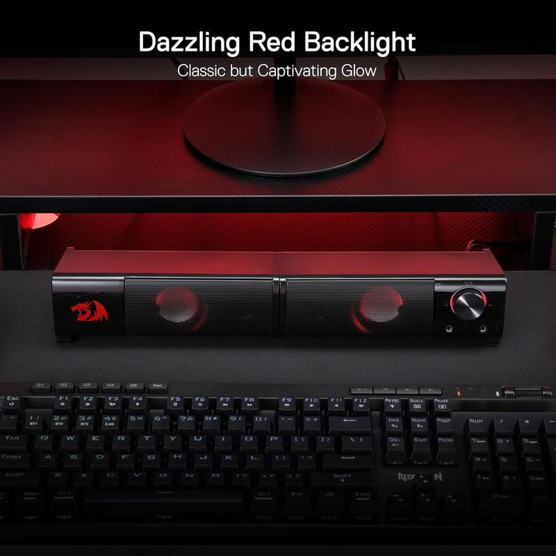 Redragon GS550 PC Gaming Speakers, 2.0 Channel Desktop Computer Sound Bar with Compact Maneuverable Size, Headphone Jack, Quality Bass & Decent Red Backlit, USB Powered w  3.5mm Cable