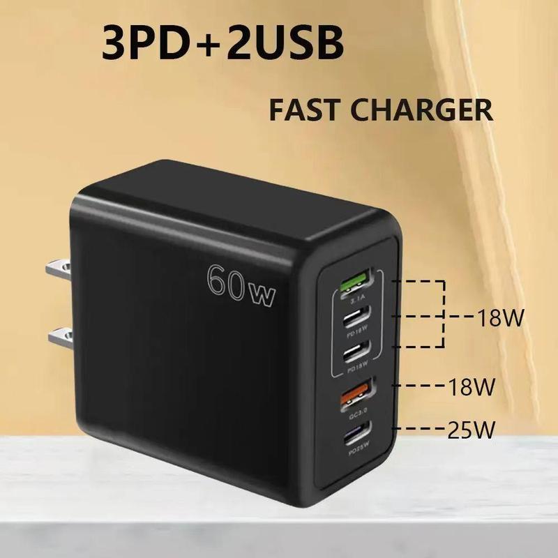 60W 3PD+2USB Ports Adapter, Multifunctional Fast Charging Adapter, Portable Charger Head, 5 Ports Fast Charger For All Phones