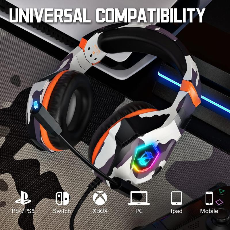 Gaming Headset for Ps4 Ps5 PC, Xbox Headset with 7.1 Surround Sound, Gaming Headphones with Noise Cancelling Flexible Mic RGB Light Memory Earmuffs for Xbox Series X S, Switch