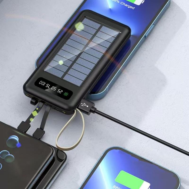 Solar Powered 10000mAh 20000mAh Power Bank, 1 Count Portable Solar Charger with 4 Output Cable, Large Capacity Power Bank for iPhone & Samsung Galaxy