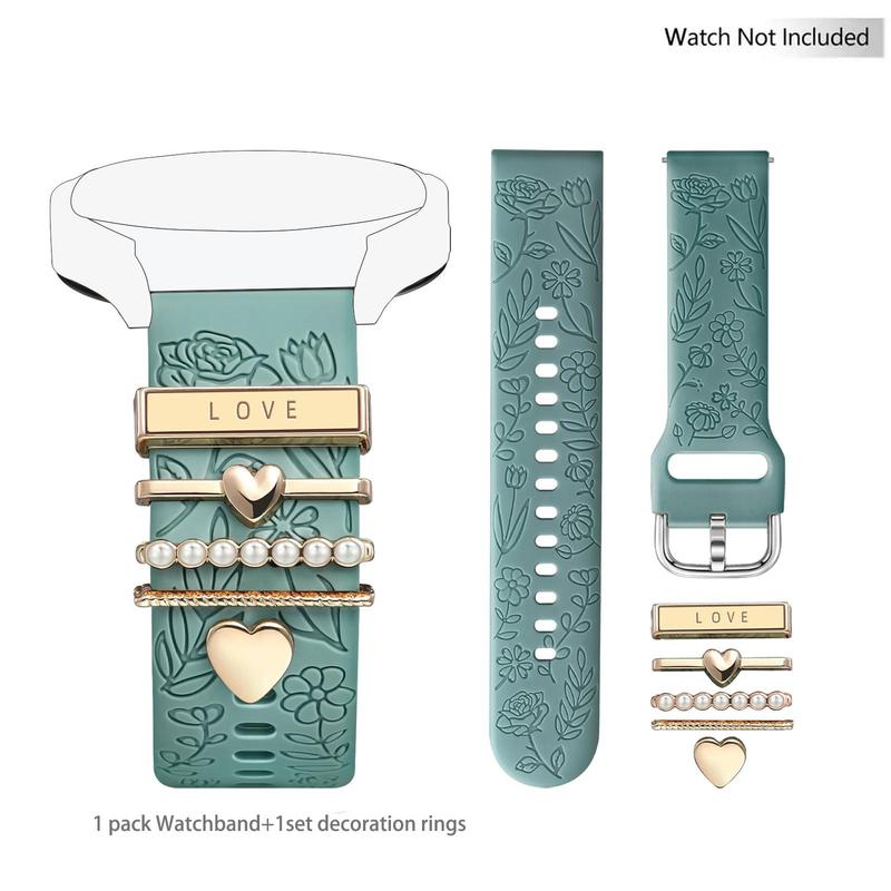 Flower Engraved Band Compatible with Galaxy Watch 7 Band FE 6 5 4 40mm 44mm, Galaxy Active 2, 20mm Watch Band, Replacement Watch Band with Decorative Charms