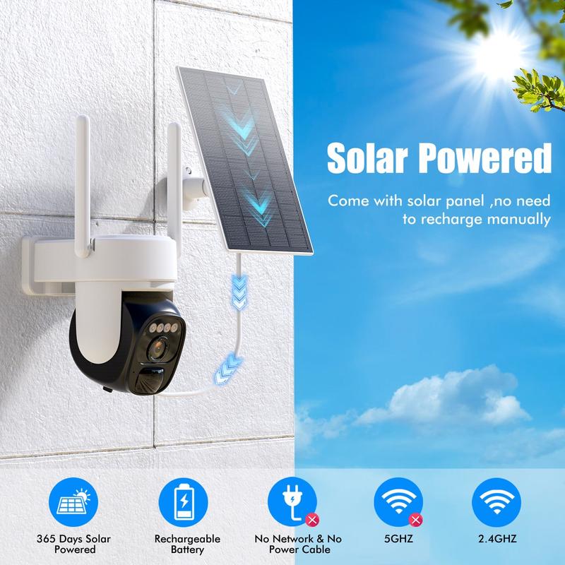 360° CCTV Camera Low Power Solar Panel Cam 2K FHD WiFi IP Security Cam-IP66 Waterproof IR Night Vision Flash Light