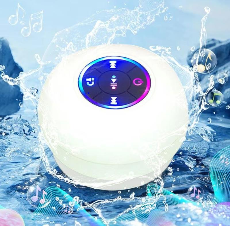 Portable Bluetooth Speaker with RGB LED Light and Hands-Free Calling - IPX4 Waterproof - 6 Hours Playtime - Suction Cup Design