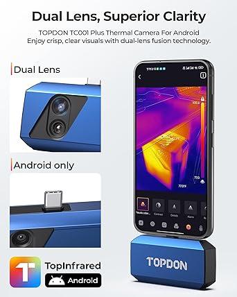 TOPDON TC001 Plus Thermal Camera for Android, 256 x 192 IR High Resolution with Visual Camera, 25Hz Refresh Rate, Dual-Lens Thermal Imaging Camera