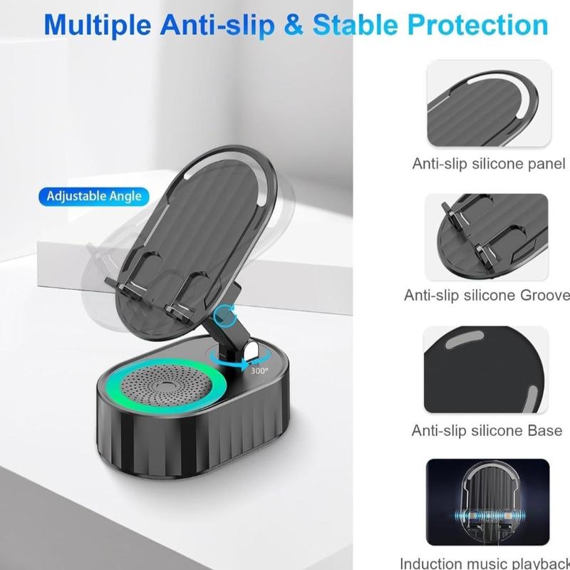 Wireless Induction Audio Bluetooth Speaker 5in1 Phone Holder Emergency Rechargeable (3000mAh) with Colorful Ambient Light 300° Foldable for Tablet iPhone Android Adjustable Stand