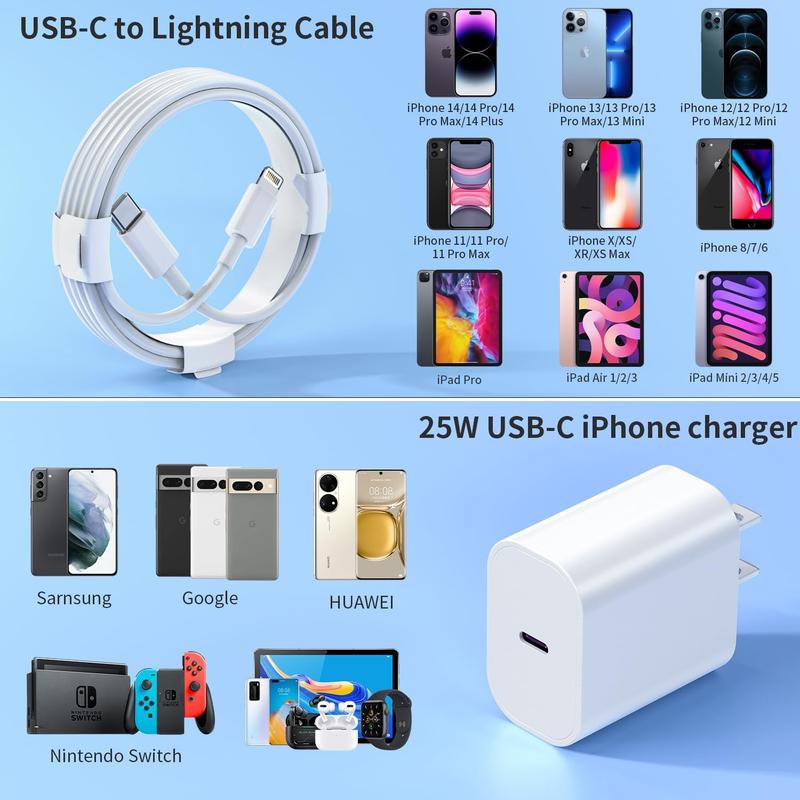 25W USB C Charger iPhone Charger Fast Charging 2Pack 25W Type C Wall Charger Block with 6FT Long USB C to Lightning Cable Compatible with for iPhone 14Pro 13 Pro 12 12 Pro Max 11 XS Max XS XR X 8  Connector Automatic Cord