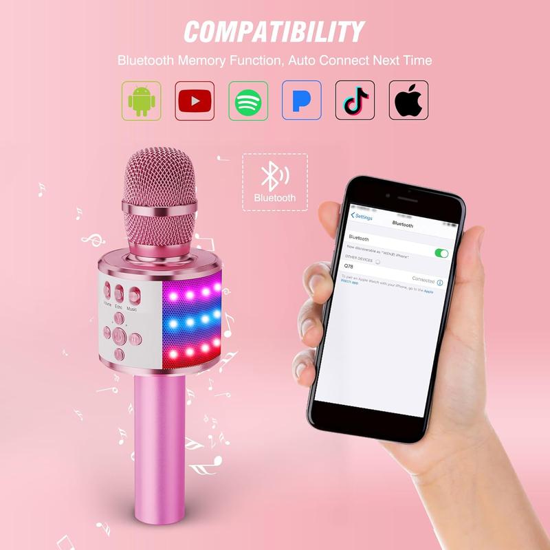 Sakamoto Kids Karaoke Microphone Bluetooth Wireless Mic for Adults Singing Microphones with Speaker Disco Light Echo Sound Portable for Home Party Outdoor Gift Toys Q78(Light Pink) Audio Smartphone