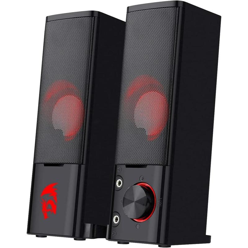 Redragon GS550 PC Gaming Speakers, 2.0 Channel Desktop Computer Sound Bar with Compact Maneuverable Size, Headphone Jack, Quality Bass & Decent Red Backlit, USB Powered w  3.5mm Cable