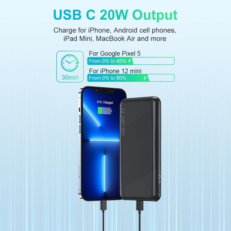 10000mAh Power Bank, Portable Charger, 1 Count Slim and Compact Battery Pack, Built-in Type-C Interface Output & Input, QC3.0 PD20W Fast Charging