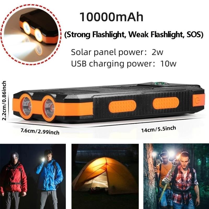 Portable Solar Powered Power Bank, 1 Count 10000mAh Solar Cell Phone Battery Panel Charger with Flashlight, Outdoor Emergency Power Backup Battery Pack