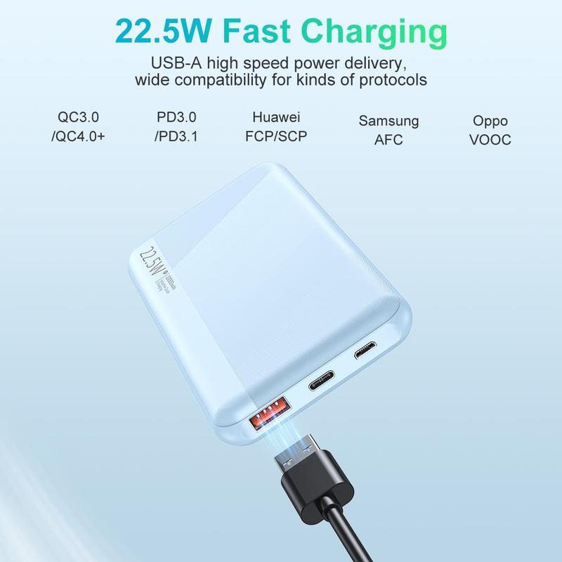 10000mAh Power Bank, Portable Charger, 1 Count Slim and Compact Battery Pack, Built-in Type-C Interface Output & Input, QC3.0 PD20W Fast Charging