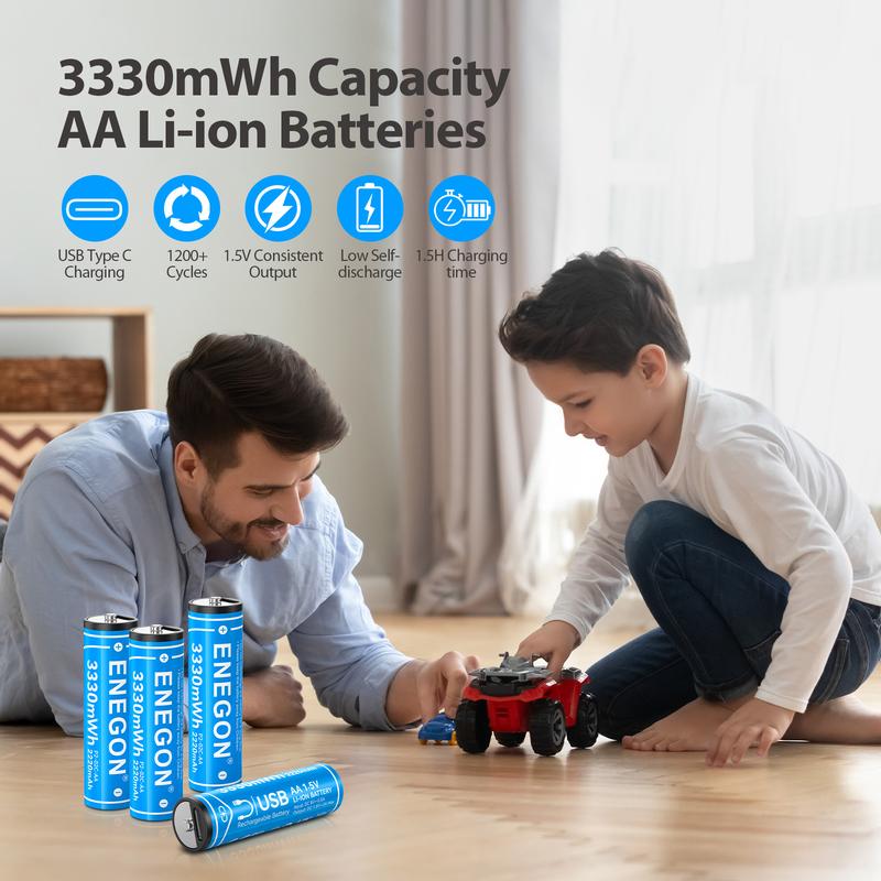 ENEGON 4-Pack AA AAA Type-C Rechargeable Li-ion Batteries, 1.5V Lithium with Fast 2-Hour Charging, for Toys, Remote Controls, Mouse, Voice Recorder, Electric Toothbrush, Calculator, Toy Cars, Game Controllers, Alarm Clocks, Sustainable & Cost-Effective