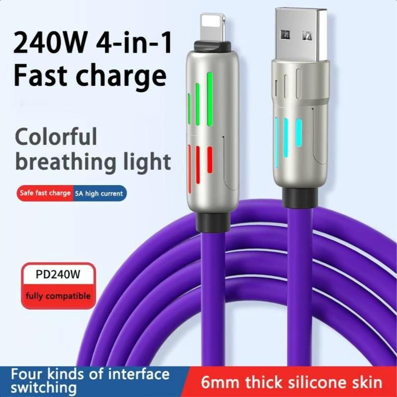  4-in-1 USB C Cable, Multi- functional 240W FastCharge Data Cable, Phone Accessories Suitablefor iPhone 15 14 Phone iPadPro, Cellphone Charging Accessories