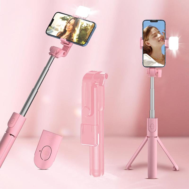 Portable Selfie Stick Tripod, Battery Powered Wireless Remote Control Selfie Stick with Fill Light, Outdoor Selfie Tripod for Travel, Party, Camping