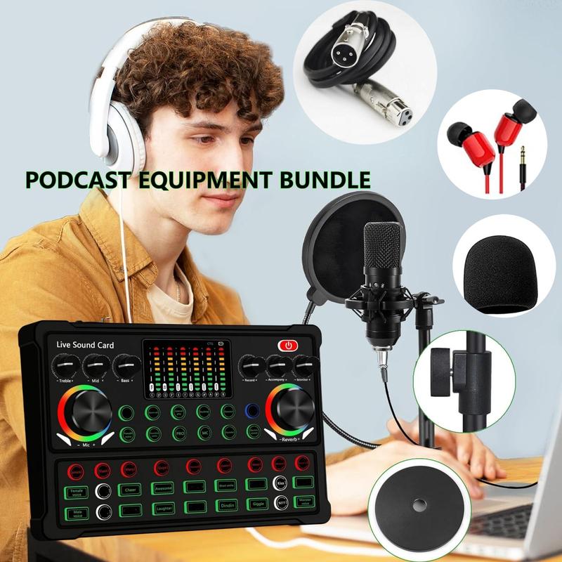 Podcast Equipment Bundle, Podcast Microphone & Sound Card, Playback Equipment Kit with Audio Interface for Recording, Singing, Streaming Media, Games