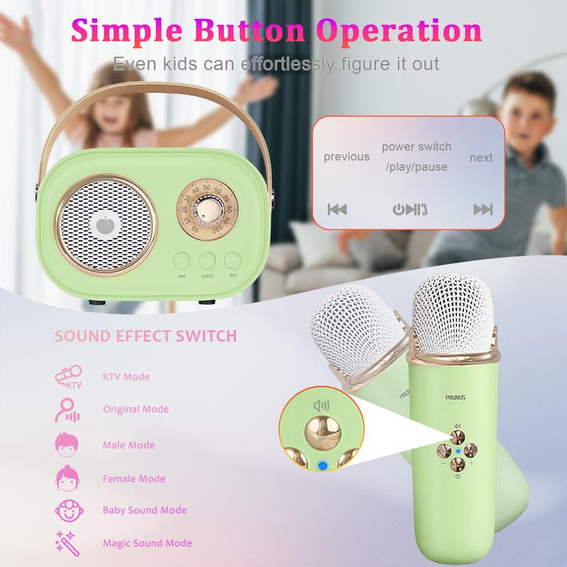 PRUNUS C20 Mini Karaoke Machine Bluetooth Speaker with Wireless Mic 6 Sound Modes Perfect for KTV Parties Gifts for Kids and Adults Retro Design