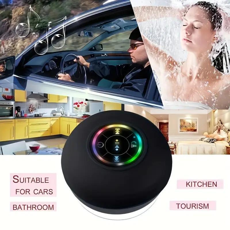 Mini Bluetooth Shower Speaker with LED light, Portable IPX4 Waterproof, Hands-Free Speakerphone. Rechargeable Using Micro USB, Wireless Stereo for Beach, Shower & Home