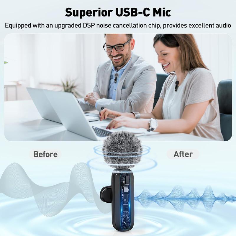 USB-C Lavalier Microphone, Clip-on Audio Mic with Clip & Indicator Light, Mini Microphones Kit, Wireless Microphones for Type-C Android Phones Tablets PC Video Recording, Streaming Equipment