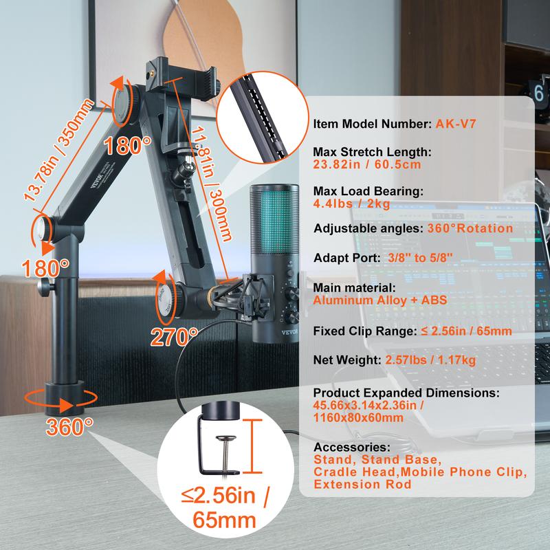 VEVOR Microphone Boom Arm, Adjustable Mic Stand with Cable Management, Desk Mount Clamp, Detachable Extension Rod, 3 8