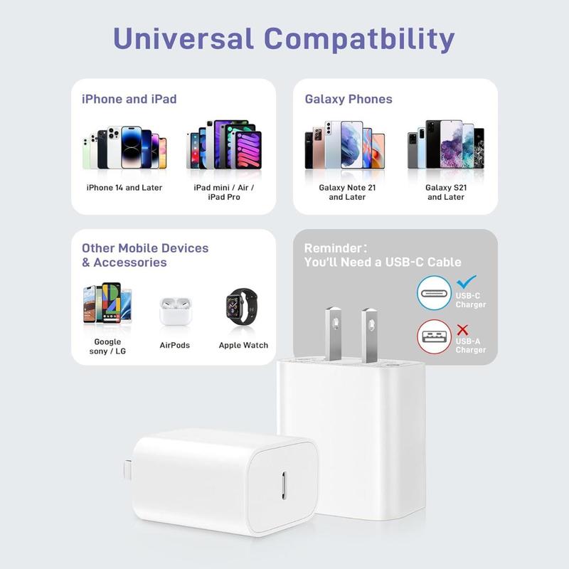 PD 20W Fast Charging Head, USB C Fast Charging Adapter, Multifunctional Portable Charging Head Compatible with iPhone, iPad, AirPods & Galaxy Phone