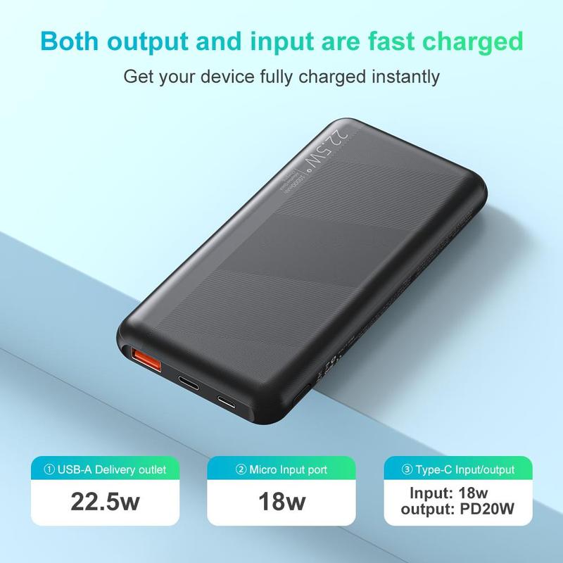 10000mAh Power Bank, Portable Charger, 1 Count Slim and Compact Battery Pack, Built-in Type-C Interface Output & Input, QC3.0 PD20W Fast Charging