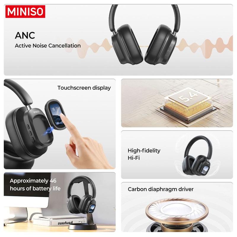 MINISO Wireless Headphones, Rechargeable Noise Cancelling Headphone, HiFi Stereo Full-color Display Multifunctional Earphone, Foldable Gaming Headset