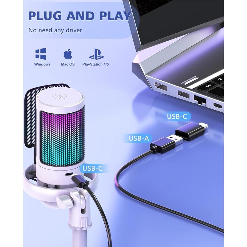 USB Microphone for PC, Gaming Mic for PS4  PS5   Phone,Condenser Microphone with Touch Mute, RGB Lighting,Gain knob &  Jack for Streaming,Podcasting (with Desktop Stand, White)