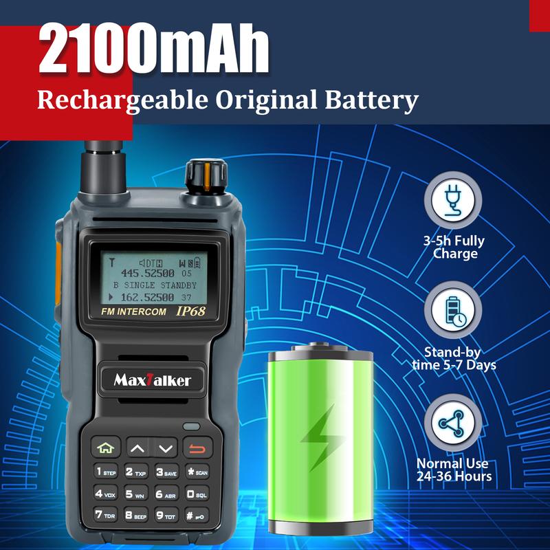 MaxTalker TK-W70 Ham Radio Long Range 10W, GMRS Handheld Radio with Programming Cable, Multi-Band Two Way Radio with 2100mAh Battery, NOAA, IP68 Waterproof Ham Radio