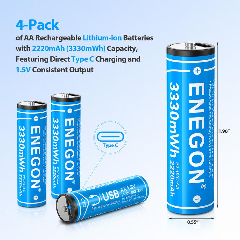 ENEGON 4-Pack AA AAA Type-C Rechargeable Li-ion Batteries, 1.5V Lithium with Fast 2-Hour Charging, for Toys, Remote Controls, Mouse, Voice Recorder, Electric Toothbrush, Calculator, Toy Cars, Game Controllers, Alarm Clocks, Sustainable & Cost-Effective