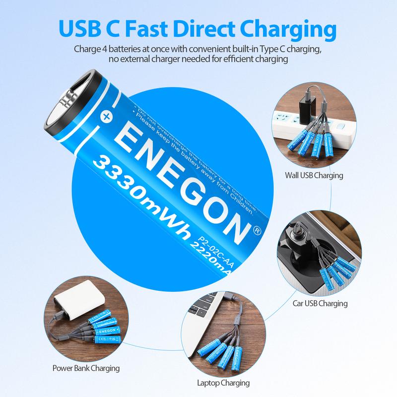 ENEGON 4-Pack AA AAA Type-C Rechargeable Li-ion Batteries, 1.5V Lithium with Fast 2-Hour Charging, for Toys, Remote Controls, Mouse, Voice Recorder, Electric Toothbrush, Calculator, Toy Cars, Game Controllers, Alarm Clocks, Sustainable & Cost-Effective