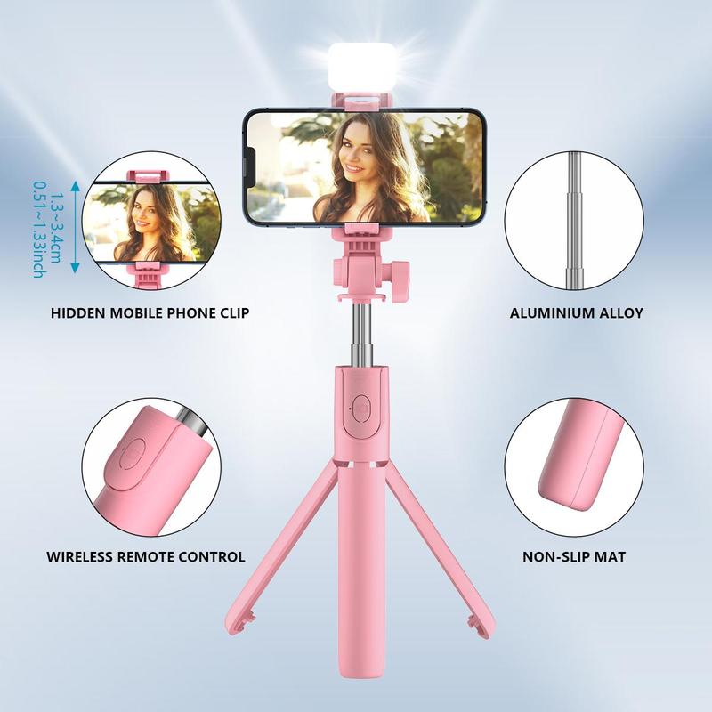 Portable Selfie Stick Tripod, Battery Powered Wireless Remote Control Selfie Stick with Fill Light, Outdoor Selfie Tripod for Travel, Party, Camping