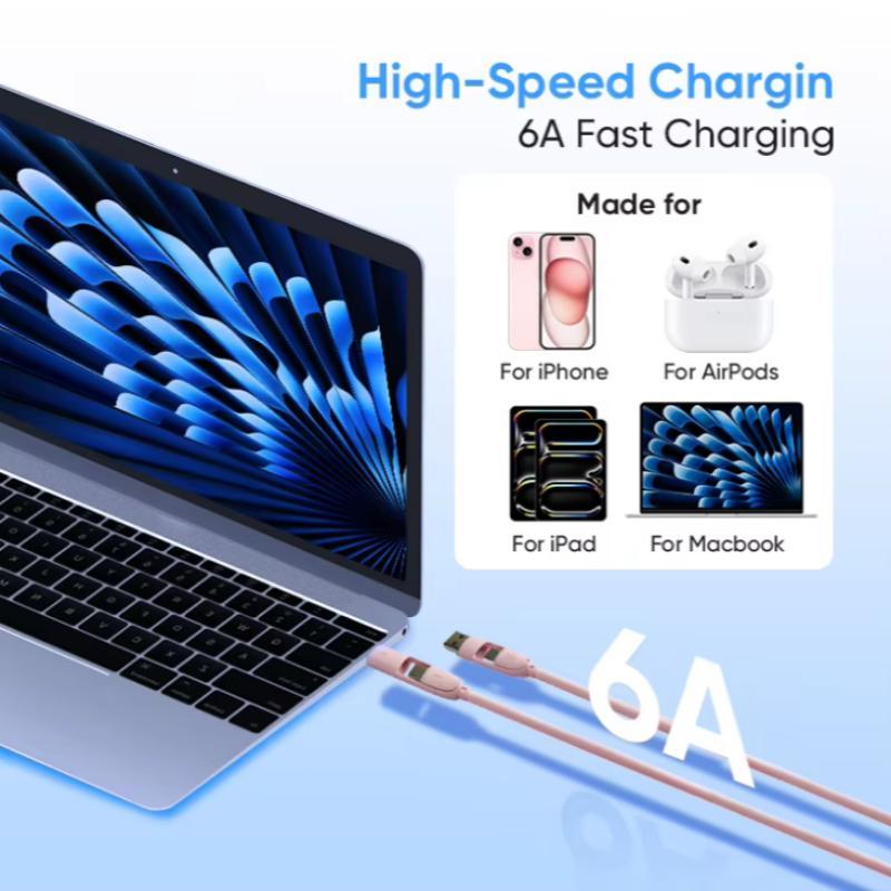 4 in 1 66W USB C Fast Charging Cable, 1 Count LED Light 6A USB C To USB C Adapter PD Multi Charger Cord for iPhone 15 14 Pro Samsung