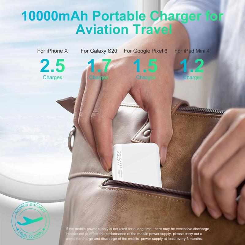 10000mAh Power Bank, Portable Charger, 1 Count Slim and Compact Battery Pack, Built-in Type-C Interface Output & Input, QC3.0 PD20W Fast Charging