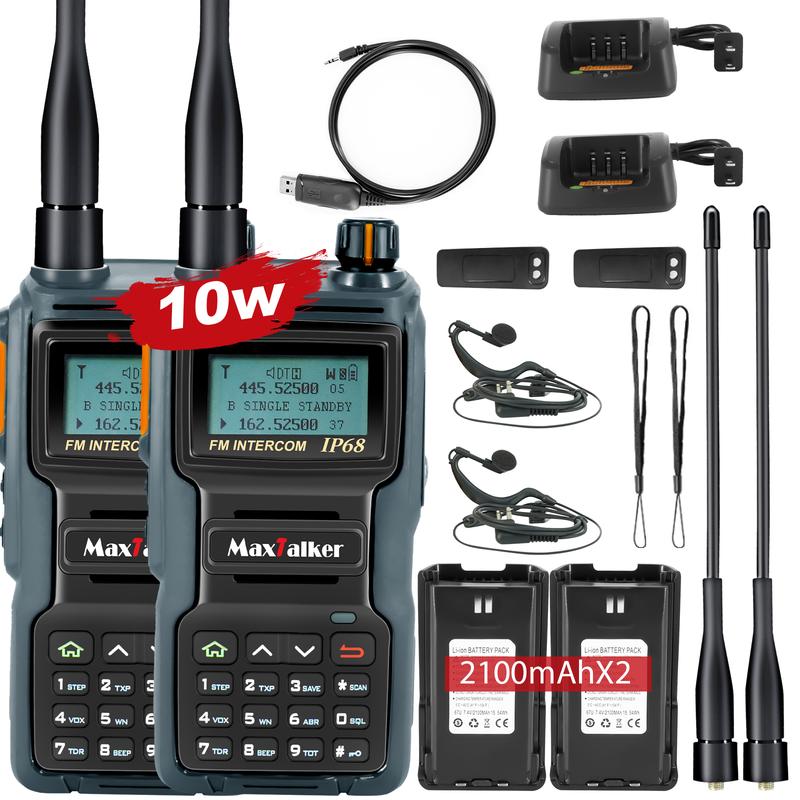 MaxTalker TK-W70 Ham Radio Long Range 10W, GMRS Handheld Radio with Programming Cable, Multi-Band Two Way Radio with 2100mAh Battery, NOAA, IP68 Waterproof Ham Radio