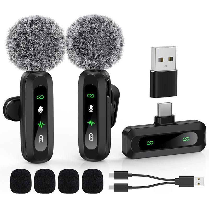 USB-C Lavalier Microphone, Clip-on Audio Mic with Clip & Indicator Light, Mini Microphones Kit, Wireless Microphones for Type-C Android Phones Tablets PC Video Recording, Streaming Equipment