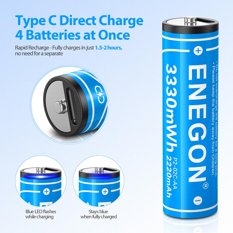 ENEGON 4-Pack AA AAA Type-C Rechargeable Li-ion Batteries, 1.5V Lithium with Fast 2-Hour Charging, for Toys, Remote Controls, Mouse, Voice Recorder, Electric Toothbrush, Calculator, Toy Cars, Game Controllers, Alarm Clocks, Sustainable & Cost-Effective