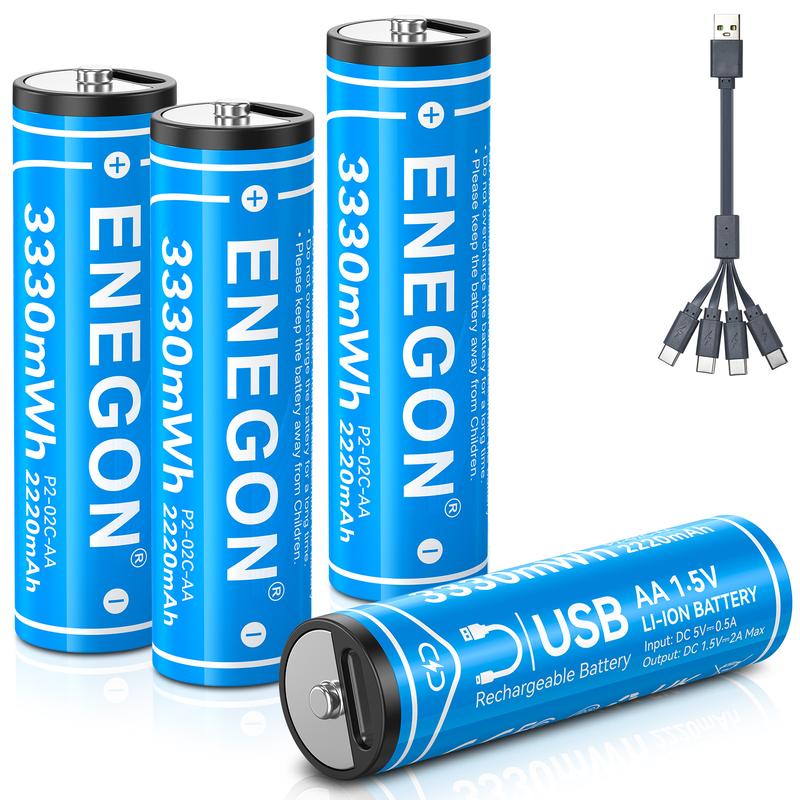 ENEGON 4-Pack AA AAA Type-C Rechargeable Li-ion Batteries, 1.5V Lithium with Fast 2-Hour Charging, for Toys, Remote Controls, Mouse, Voice Recorder, Electric Toothbrush, Calculator, Toy Cars, Game Controllers, Alarm Clocks, Sustainable & Cost-Effective