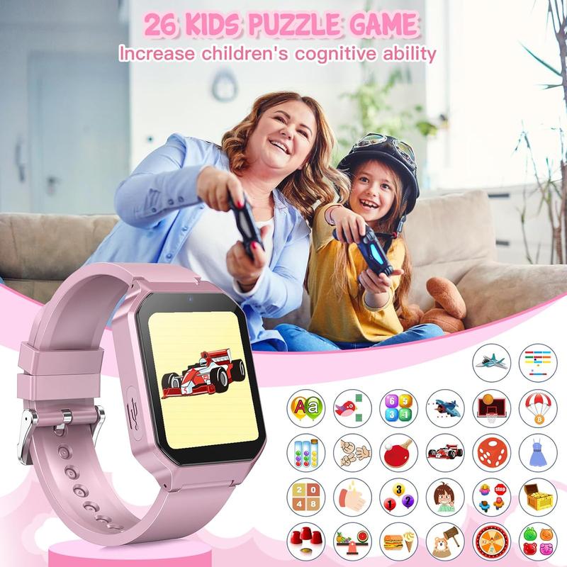 Smart Watch for Kids 3-12 Years Boys Girls, 26 Puzzle Games, Smartwatch with Camera, Pedometer, Stopwatch, Video Voice Music Player Calendar Alarm Clock Learn Card for Children Gifts (Pink)