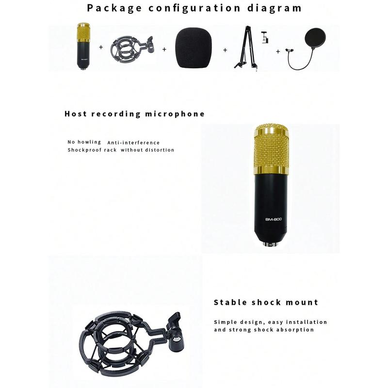 The BM800 Capacitive Microphone Kit Is Suitable For Computer Recording, Gaming Voice Communication, High-Quality Sampling, Home Use With A Wired Aluminum Alloy Cantilever Stand