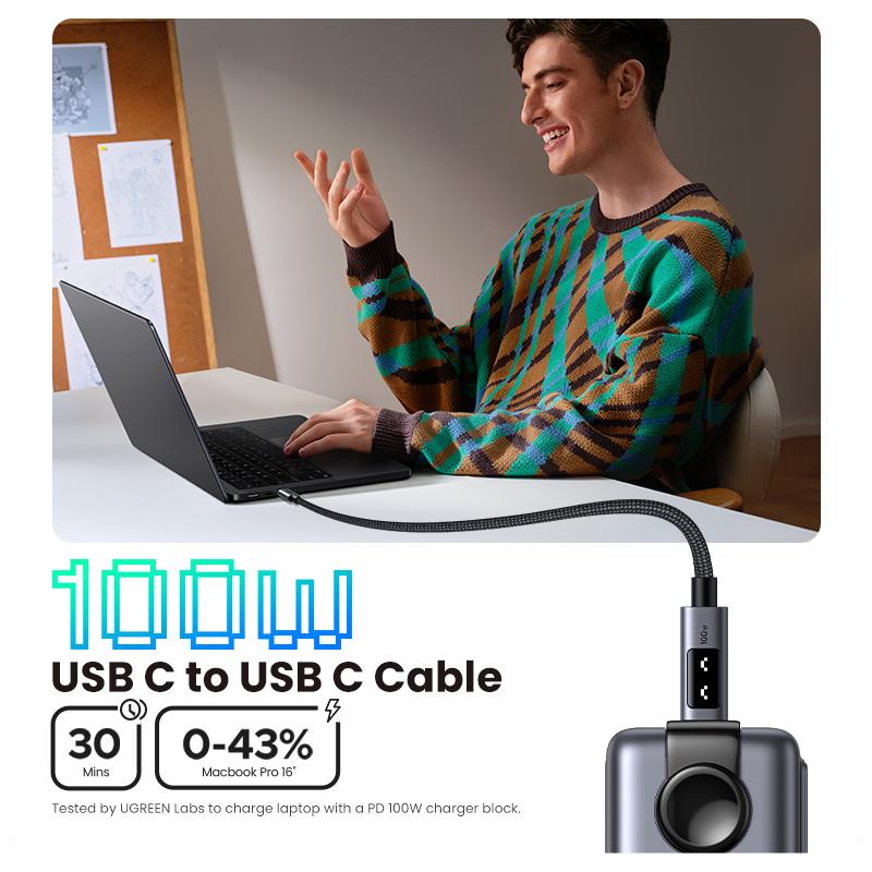 UGREEN Uno 100W USB C to USB C  Fast Charging Cable, Type C Charging Cord with LED Display for iPhone 16 15 Plus 15 Pro 15 Pro Max, MacBook Pro Air, iPad Pro Air, Galaxy S24 Ultra, Premium Connector Cord with High-Speed Charge. Ideal for Devices