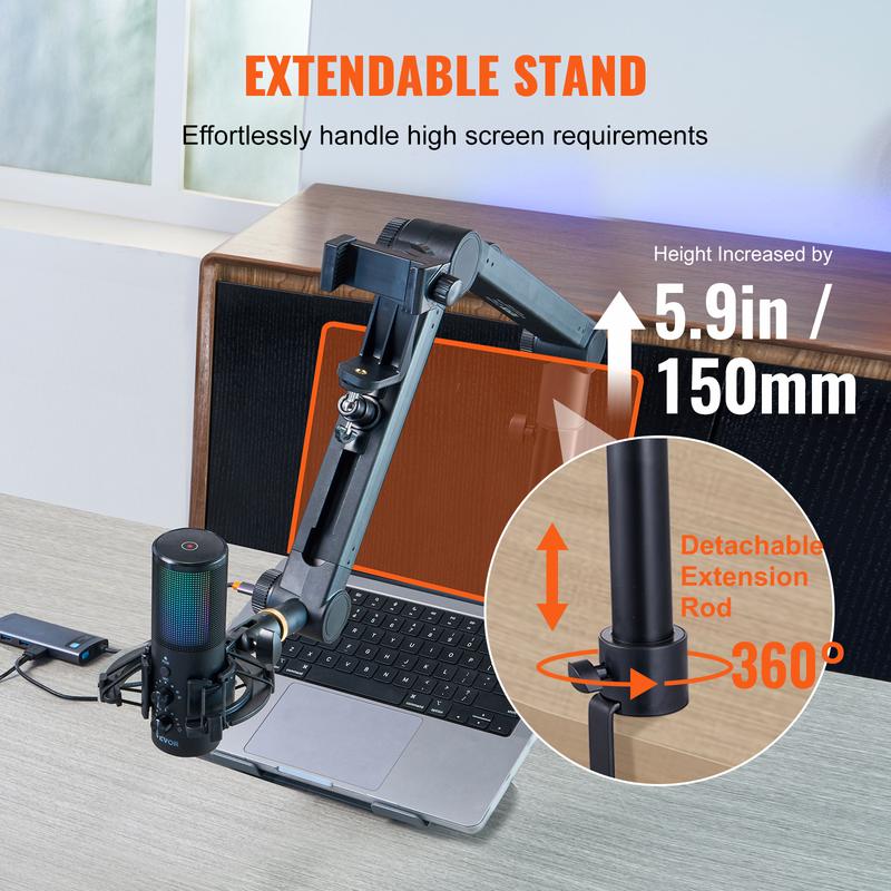 VEVOR Microphone Boom Arm, Adjustable Mic Stand with Cable Management, Desk Mount Clamp, Detachable Extension Rod, 3 8