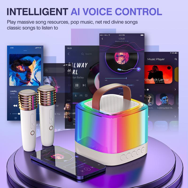 Upgraded Bluetooth Mini Karaoke Machine is an outdoor entertainment speaker for children and adults! Equipped with 2 wireless microphones, portable speakers smartphone Audio