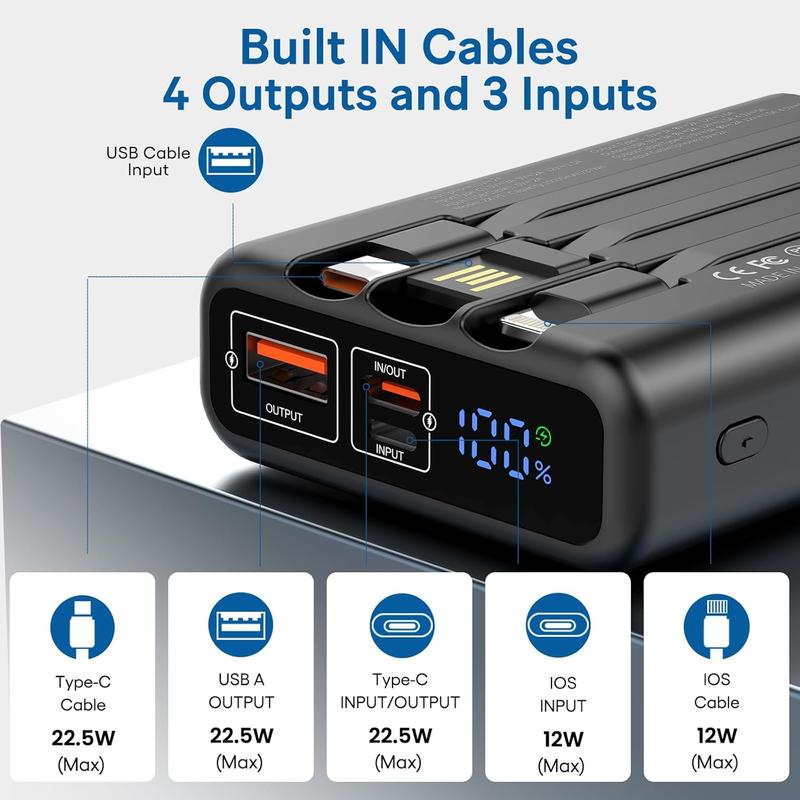 5V 2A 10000mAh Heated Vest Battery Pack,Fast Charging Portable Charger with Built in Cables,LCD Display Power Bank for Heated Jacket Heated Clothing iPhone Samsung iPad etc.