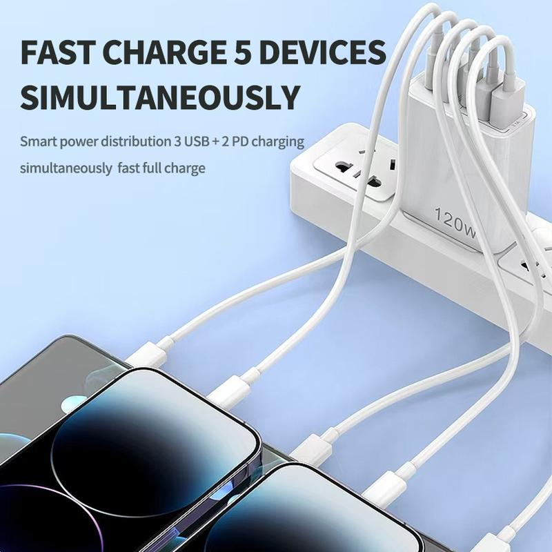 120W USB C Fast Charger Block, 5 Port GaN III Multiple USB Charger Station, USB C Charging Block, Wall Charger for iPhone, Samsung, Galaxy, MacBook, Air Pro