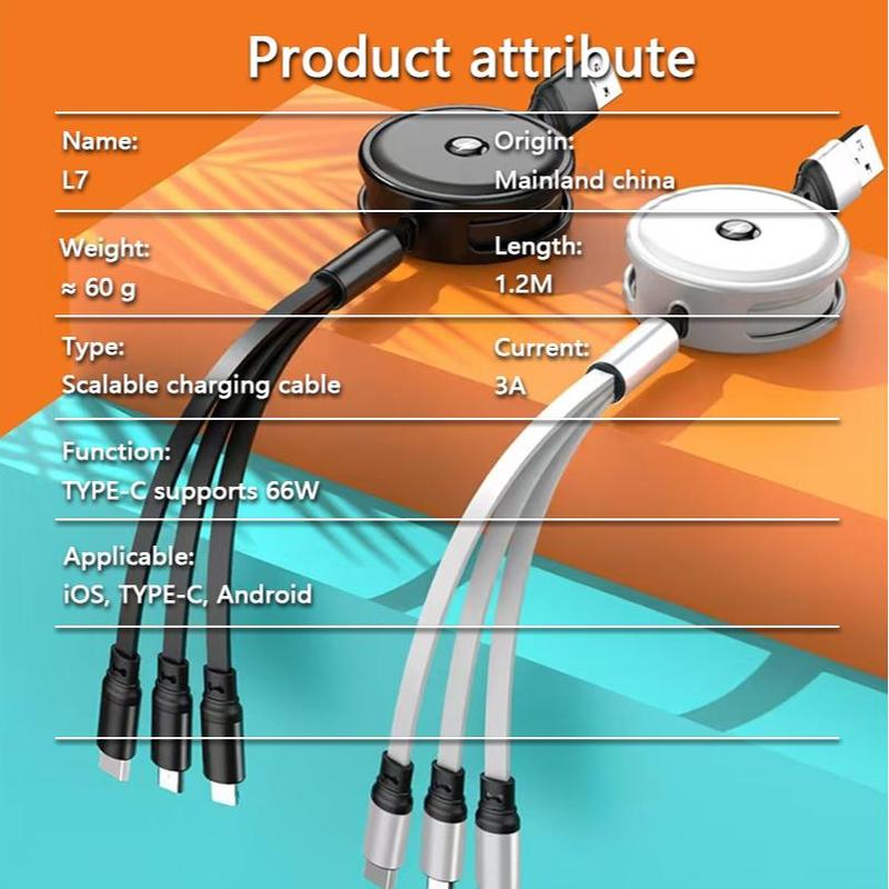 66W Fast Charging 3 in 1 USB Cable, Type C Scalability Cable for iOS Android, Multifunctional Micro USB Data Cable, Car Charging Cable